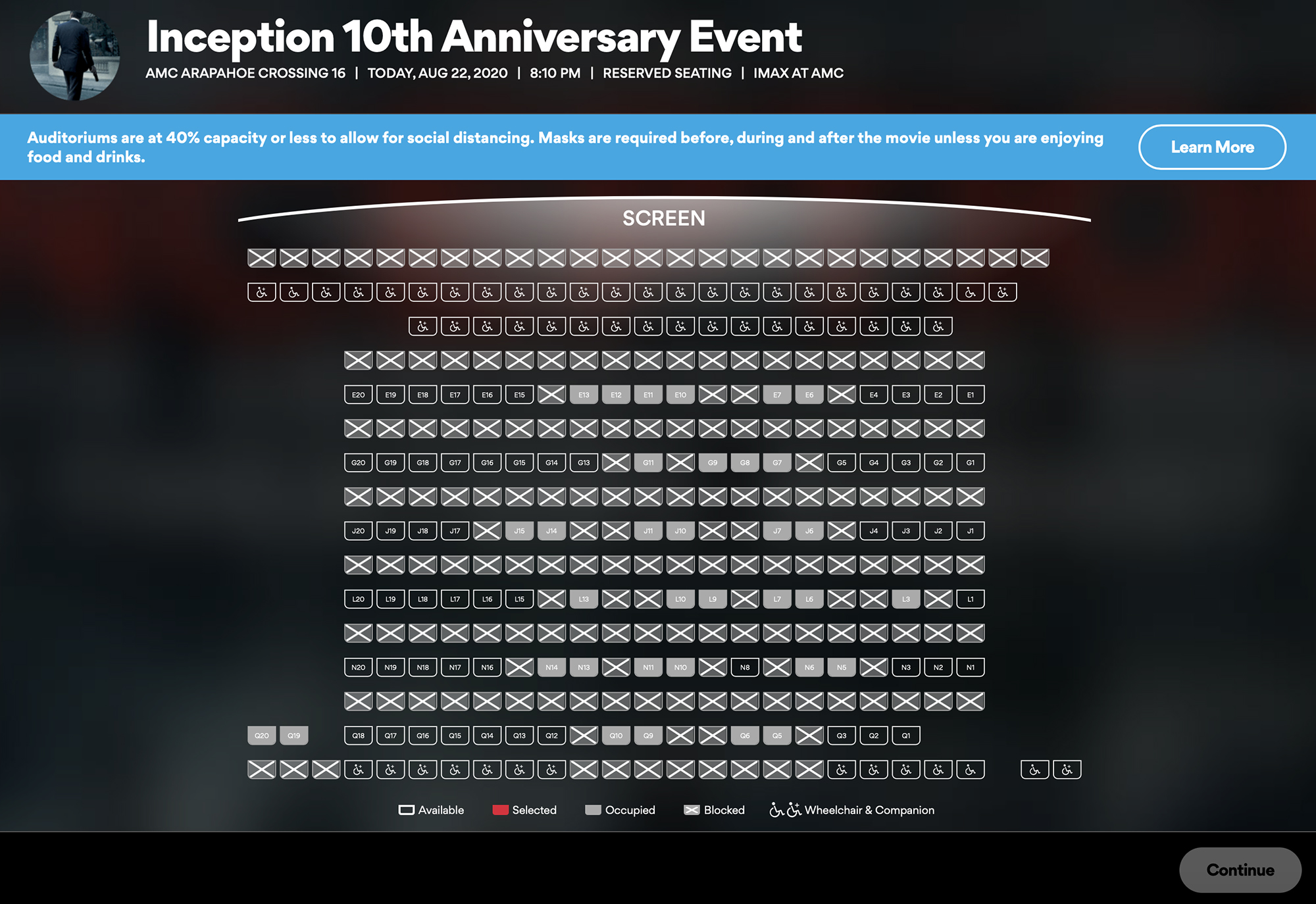 Seating chart for Inception, AMC Theatres