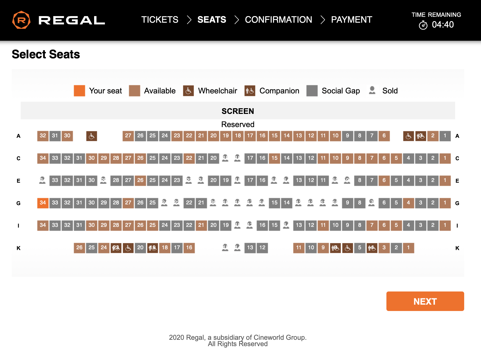 Seating chart for Inception, Regal Cinemas