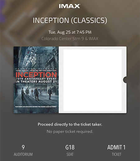 Inception IMAX ticket, 25 August 2020