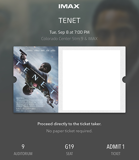 Tenet IMAX ticket, 8 September 2020