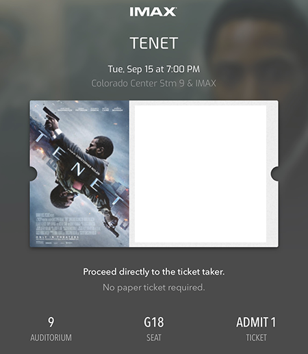 Tenet IMAX ticket, 15 September 2020