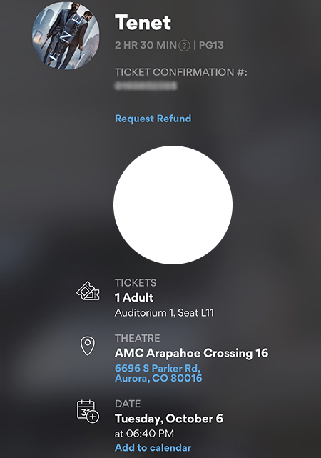 Tenet IMAX ticket, 6 October 2020