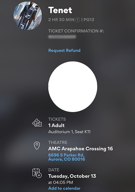 Tenet IMAX ticket, 13 October 2020