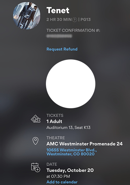 Tenet IMAX ticket, 20 October 2020