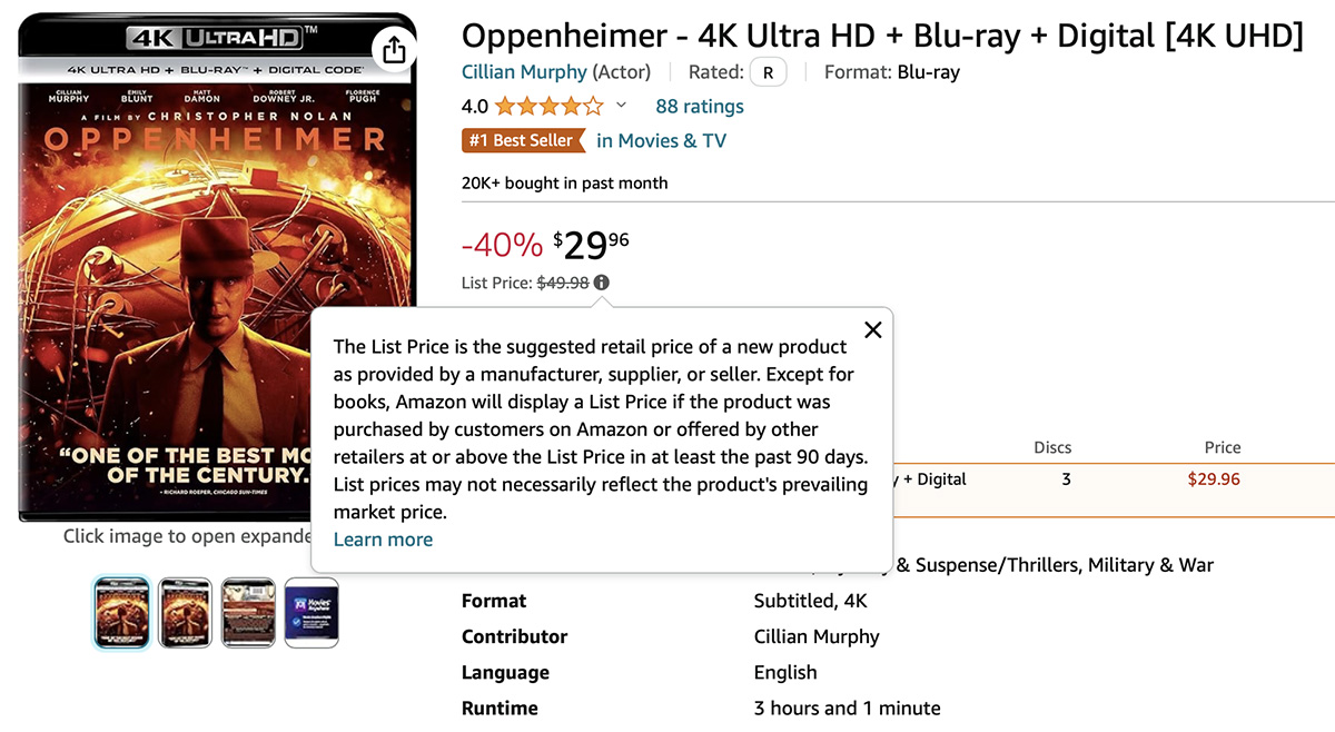 Oppenheimer 4K on sale with list price at Amazon