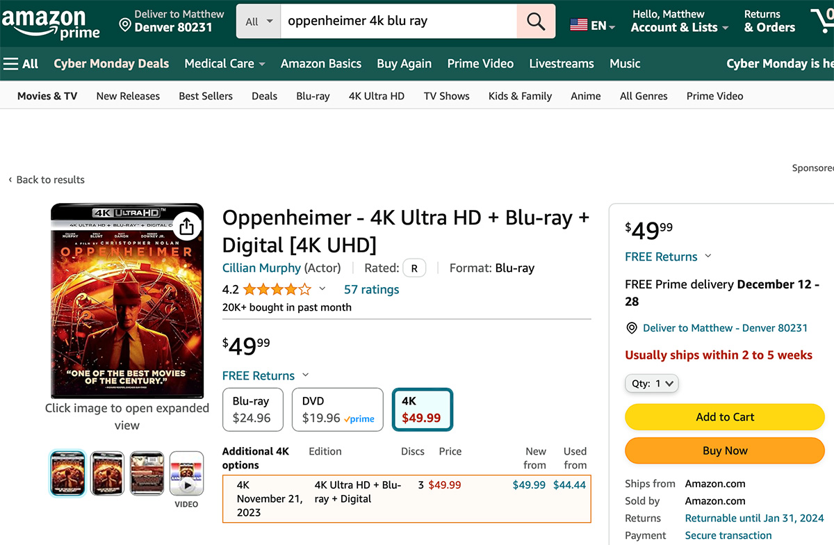 Oppenheimer 4K overpriced at Amazon