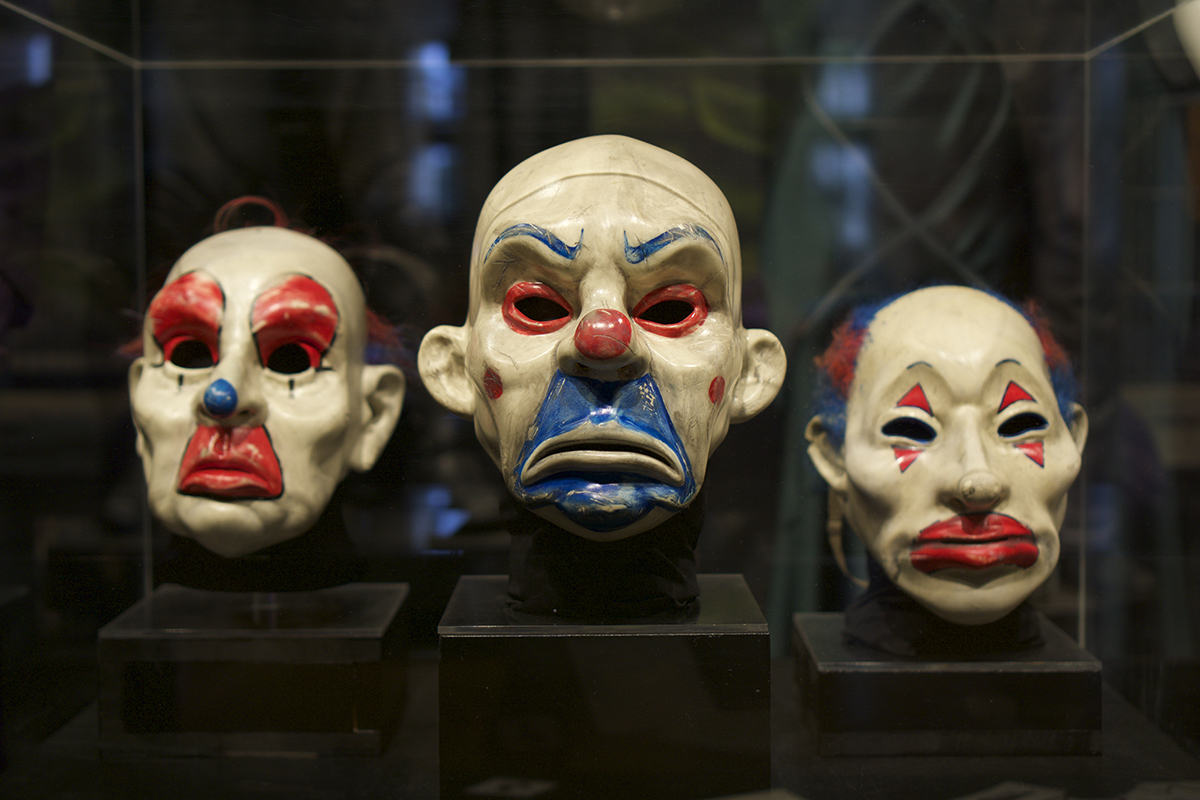 Fearsome clown masks belonging to the Joker and his henchmen (at Warner Bros. Studios) Scenes from Hollywood, California