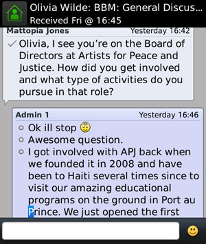 Olivia Wilde: BBM message about Artists for Peace and Justice