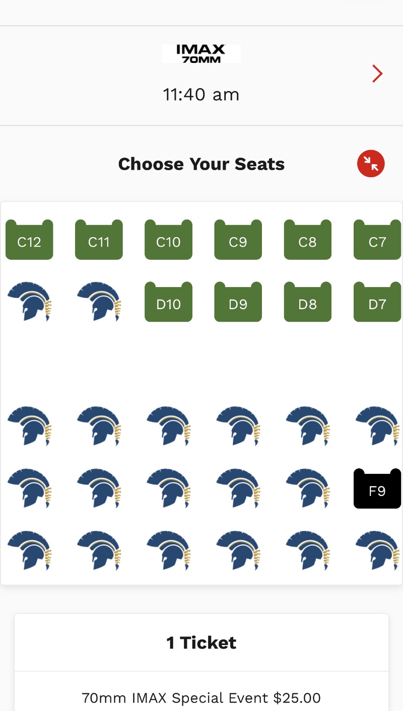 Seating screenshot for Odyssey at Cinemark Carefree IMAX 70mm film