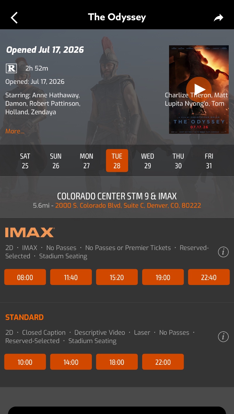 Screenshot of Odyssey showtimes at Regal Colorado Center IMAX film
