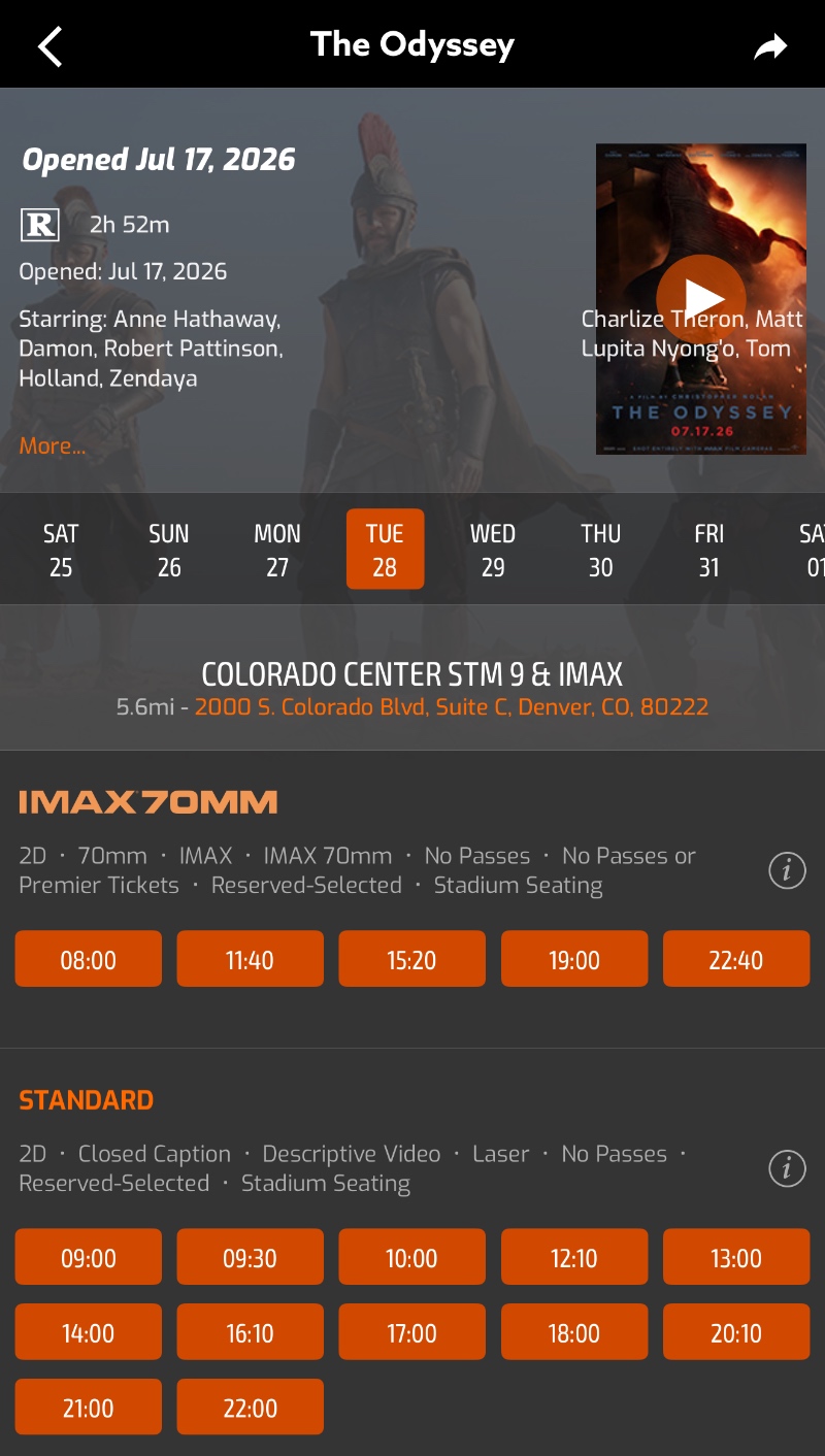 Screenshot of Odyssey showtimes at Regal Colorado Center IMAX 70mm film