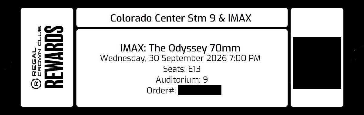 The Odyssey IMAX 70mm film ticket stub