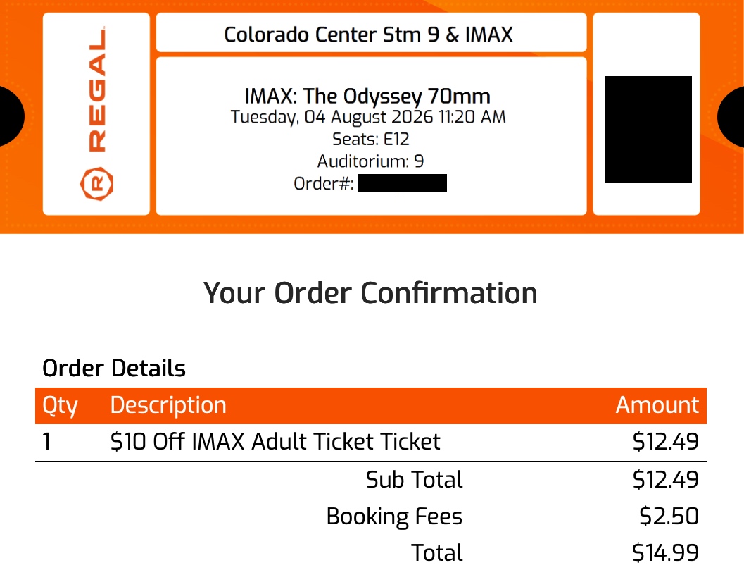 The Odyssey IMAX 70mm film ticket stub