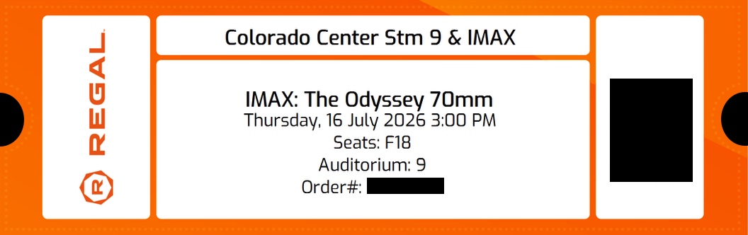 The Odyssey IMAX 70mm film ticket stub