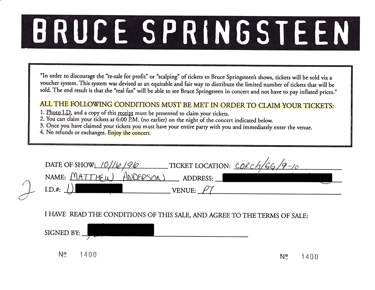 Ticket Voucher for Bruce Springsteen Ghost of Tom Joad Tour