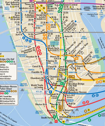 <i>The Long Walk to Liberty</i><br>Sunday afternoon was spent walking from Grand Central on 42nd Street<br>all the way down to Battery Park. Pitstops were taken for Guinness and tea.<br>Map courtesy of the Metropolitan Transportation Authority