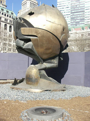 The sphere from the old WTC commons with the Eternal Flame.
