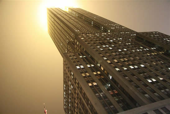 The Empire State Building by the fog of night