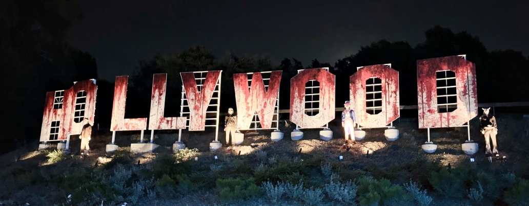 A horrifying, bloody version of the classic Hollywood sign at Universal Studios