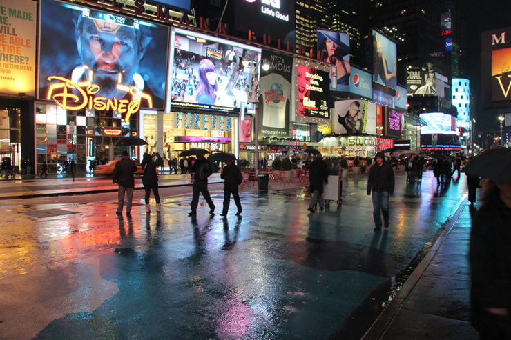 The rain makes for a Blade Runner vibe New York City