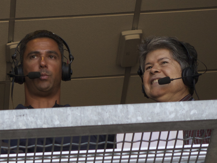 Jorge Posada (left) in the press box