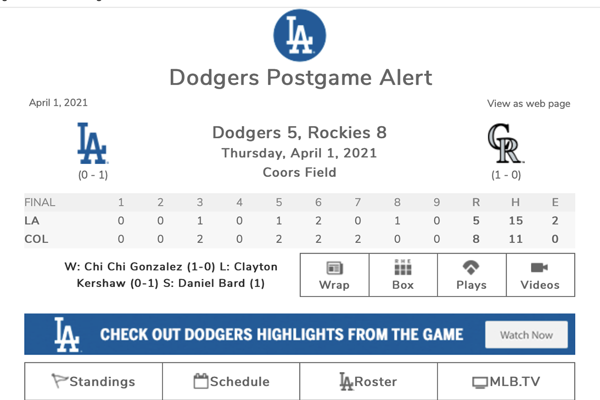 Opening Day, 1 April 2021: Rockies vs. Dodgers