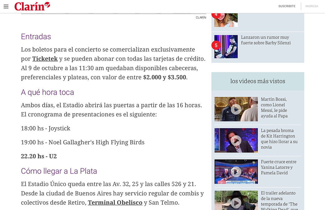 U2: Joshua Tree Tour 2017 show info on Clarin website; screenshot from iPad Pro U2: Joshua Tree Tour 2017 in Buenos Aires
