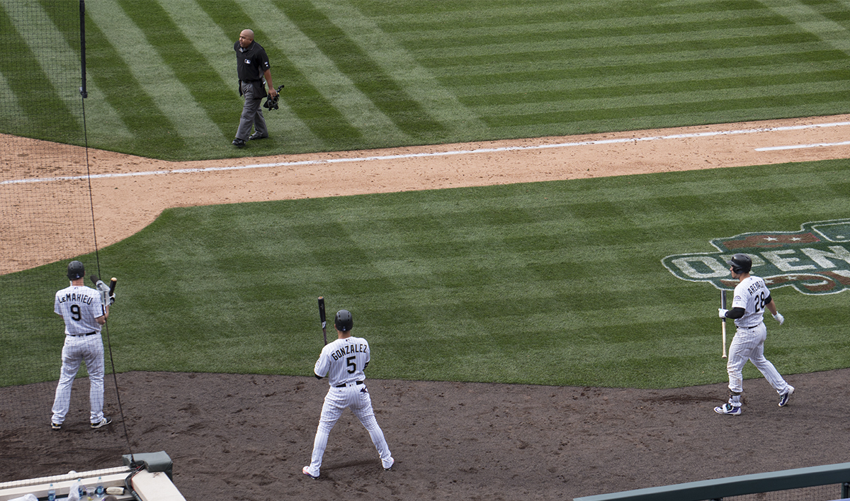 DJ LeMahieu, Carlos Gonzalez and Nolan Arenado on deck